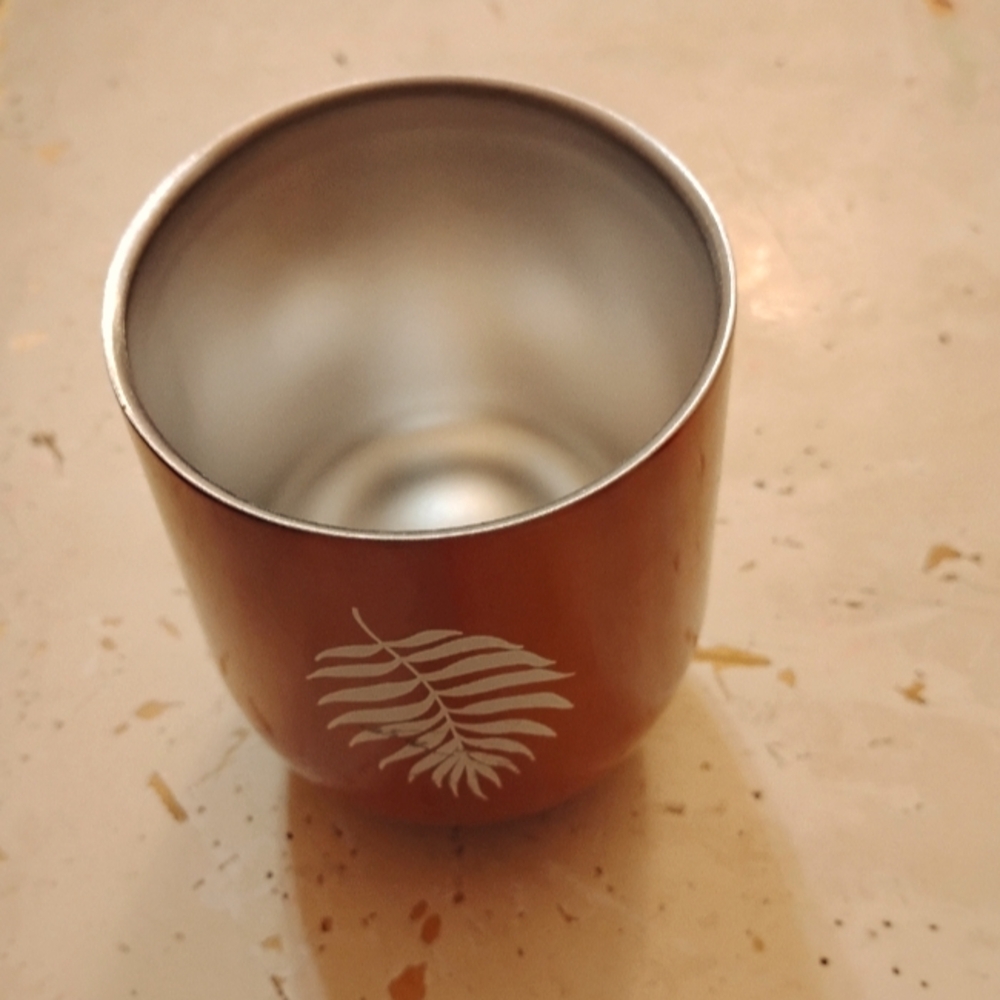 Metallic Tan Pink Metal Cup with Leaf Design Gradually Widening Down